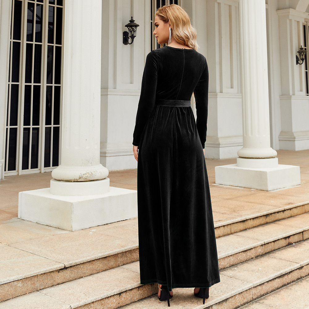 Elegant Velvet Maxi Dress - Autumn Winter Long Sleeve Floor Length Evening Gown